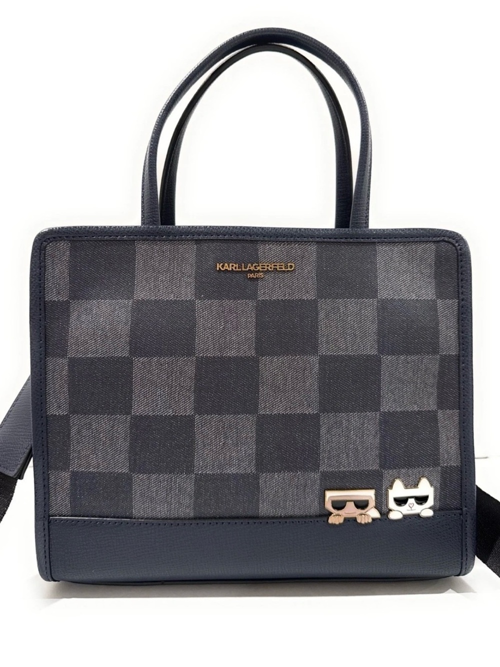 KARL LAGERFELD Navy Checkered Tote with Cat Charms